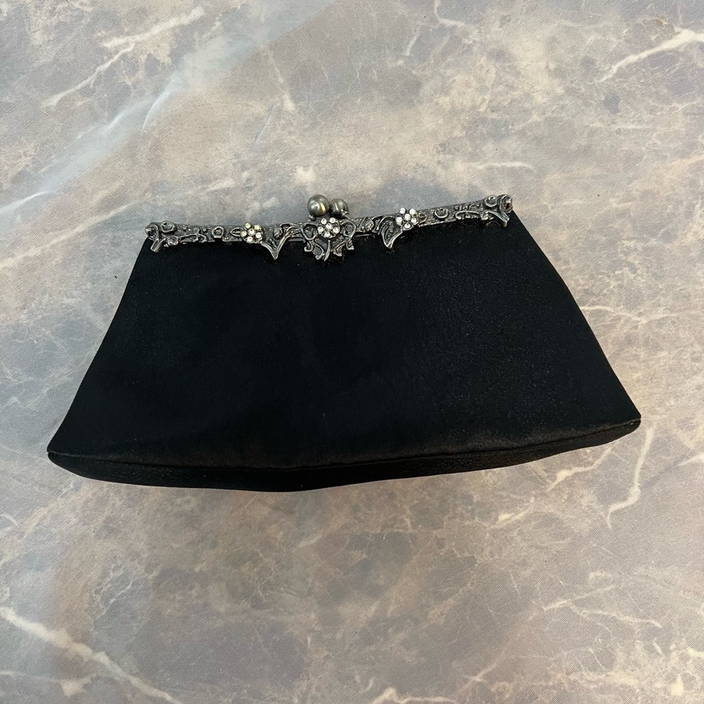 Kate Landry Black Satin Evening Clutch Silver Frame Formal Bag - Picture 2 of 6